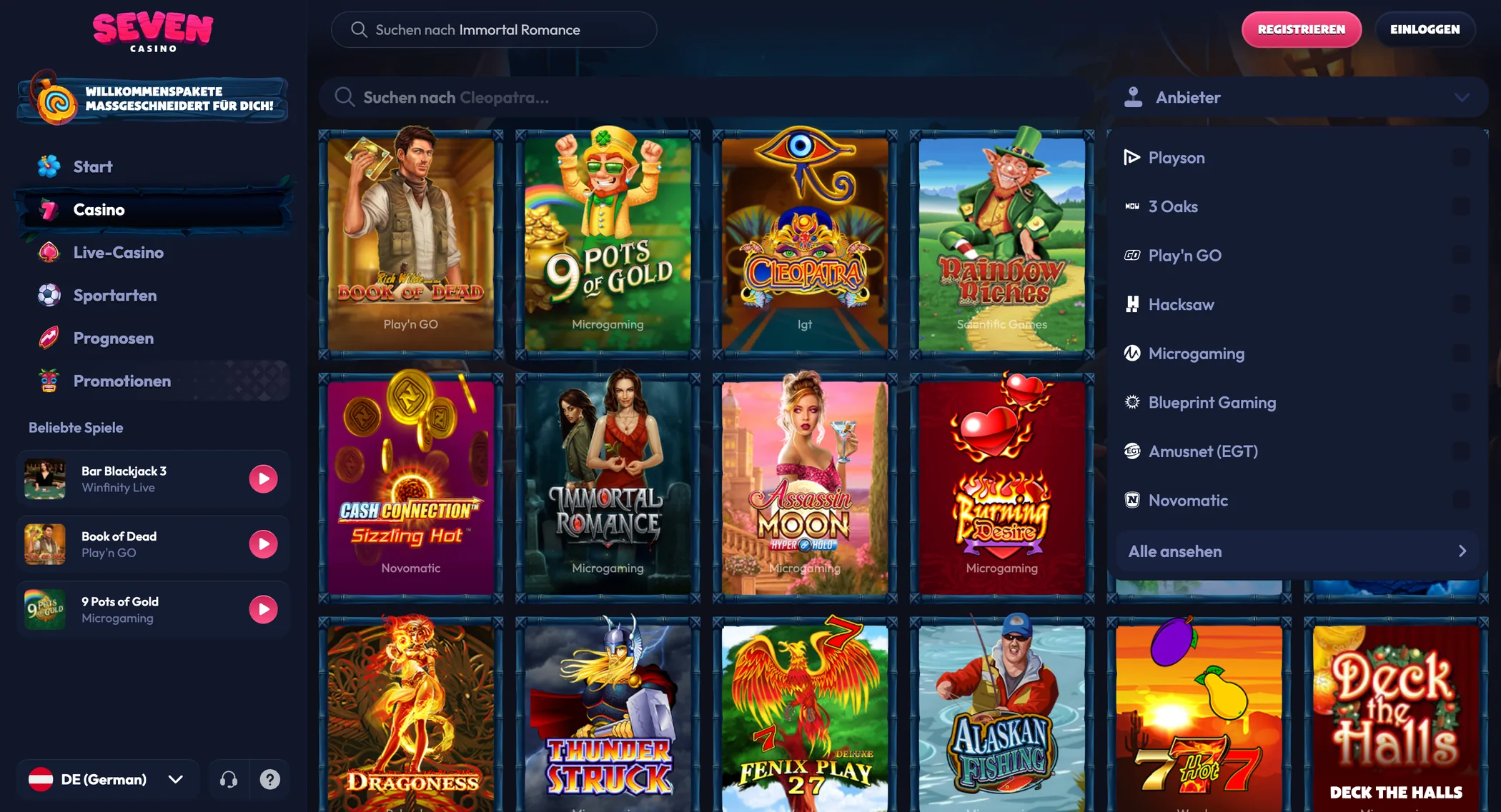 Anbieterfilter von Seven Casino mit Playson, Play'n GO, Hacksaw, Microgaming und Novomatic