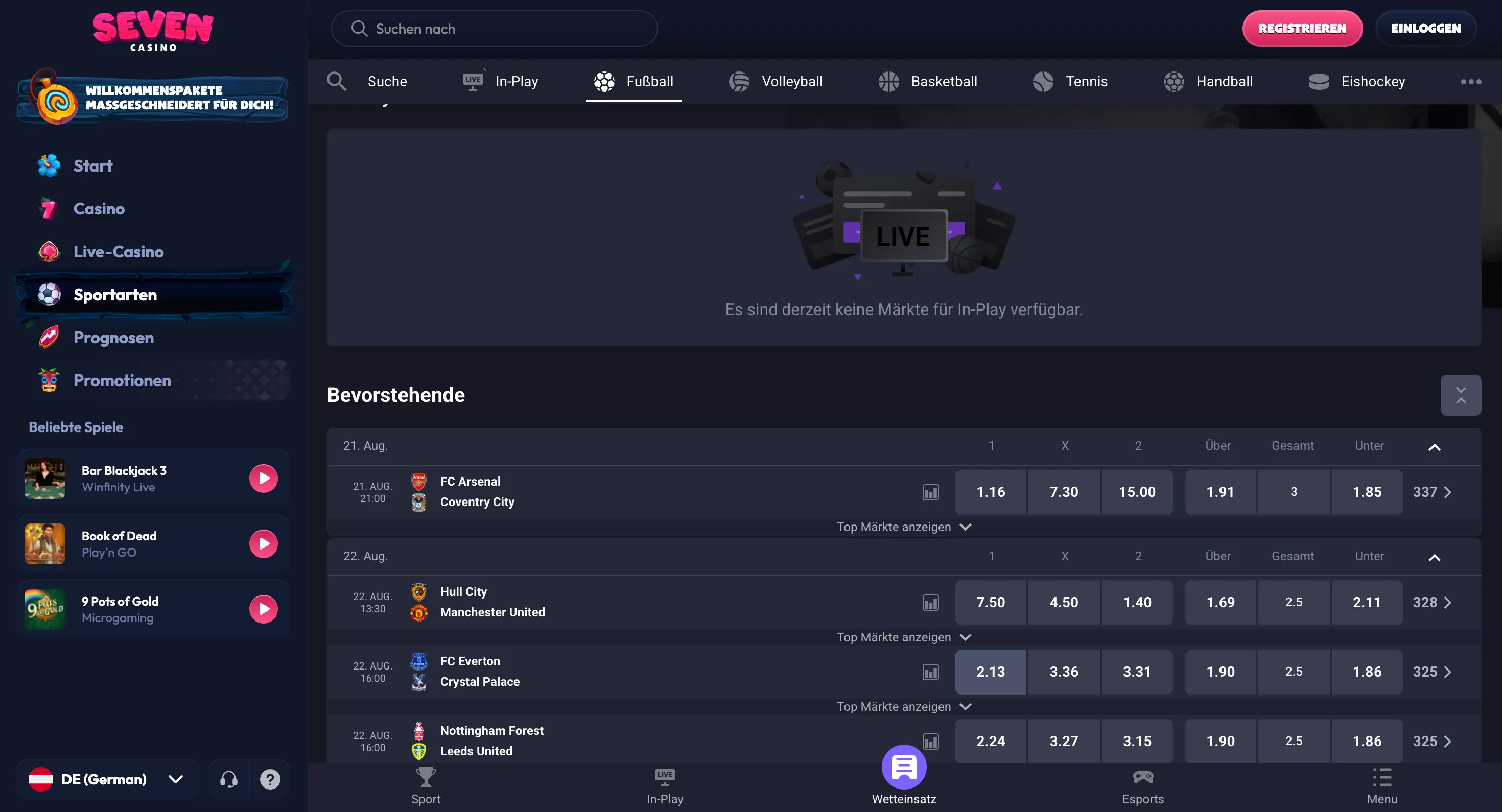 Bevorstehende Fußballspiele mit Quoten im Wettprogramm von Seven Casino