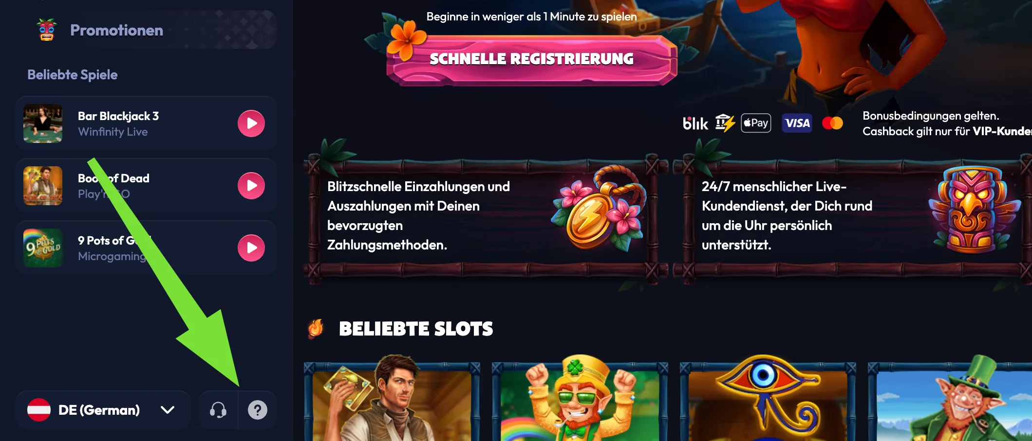 Schaltflächen für Kundendienst und Hilfebereich in der Seitenleiste von Seven Casino