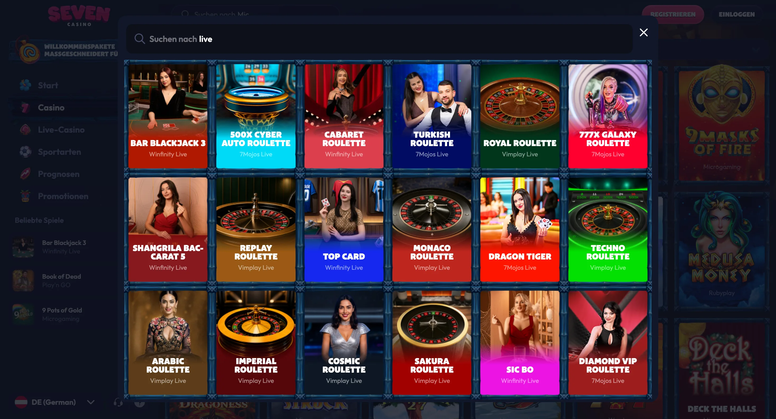 Live-Tische bei Seven Casino mit Roulette, Blackjack, Baccarat und Sic Bo