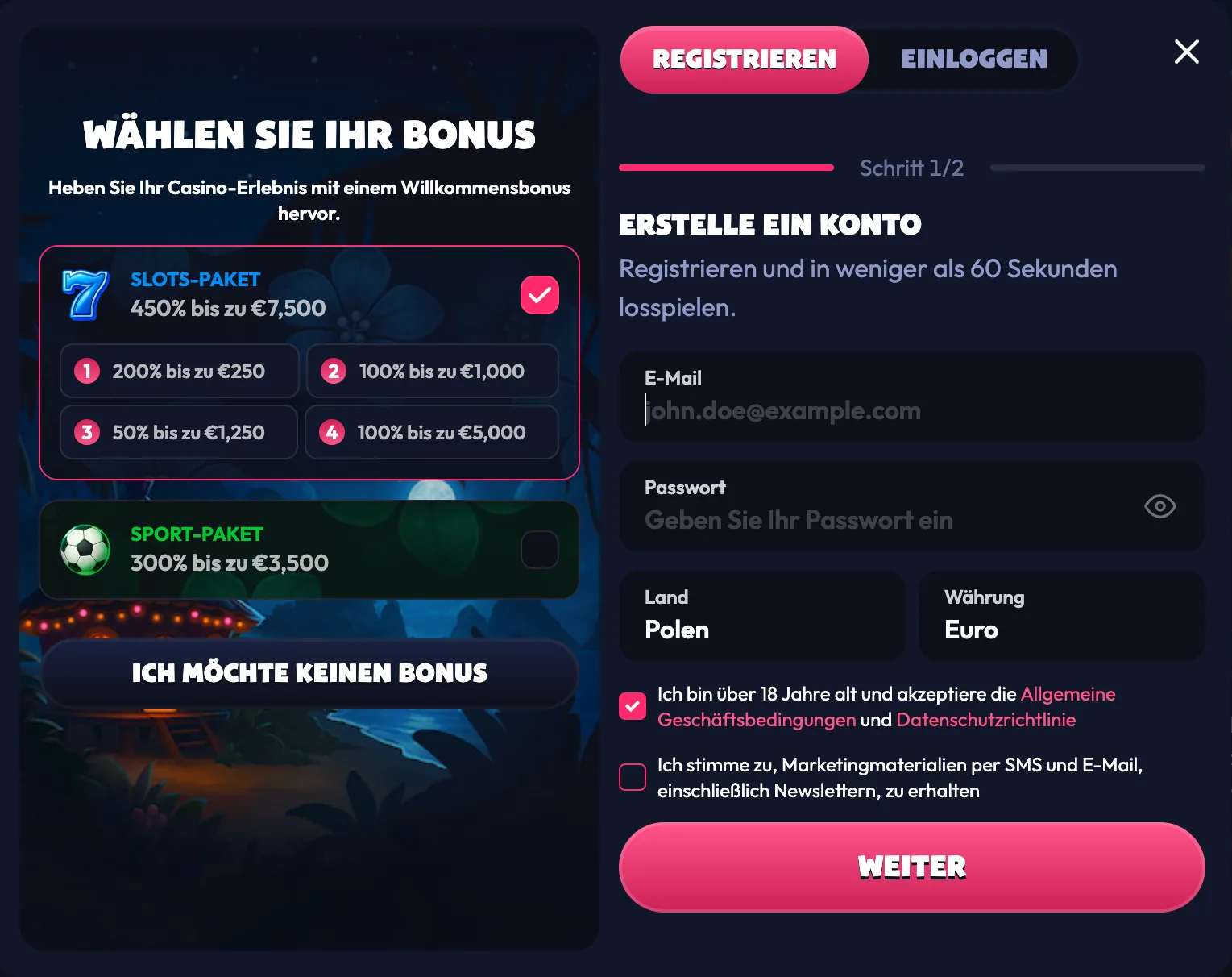 Bonusauswahl bei Seven Casino mit Slots-Paket 450 Prozent und Sport-Paket 300 Prozent