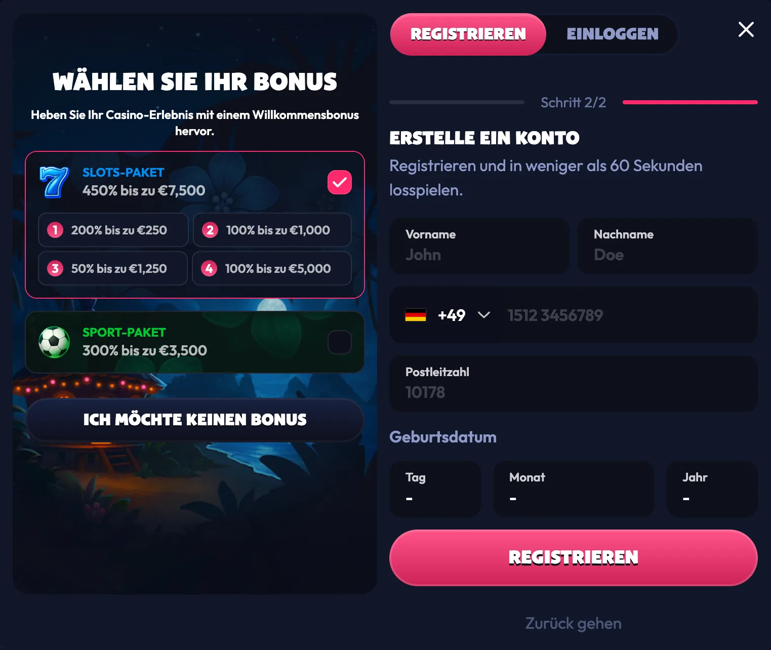 Zweiter Bildschirm der Registrierung bei Seven Casino mit Name, Telefonnummer und Geburtsdatum