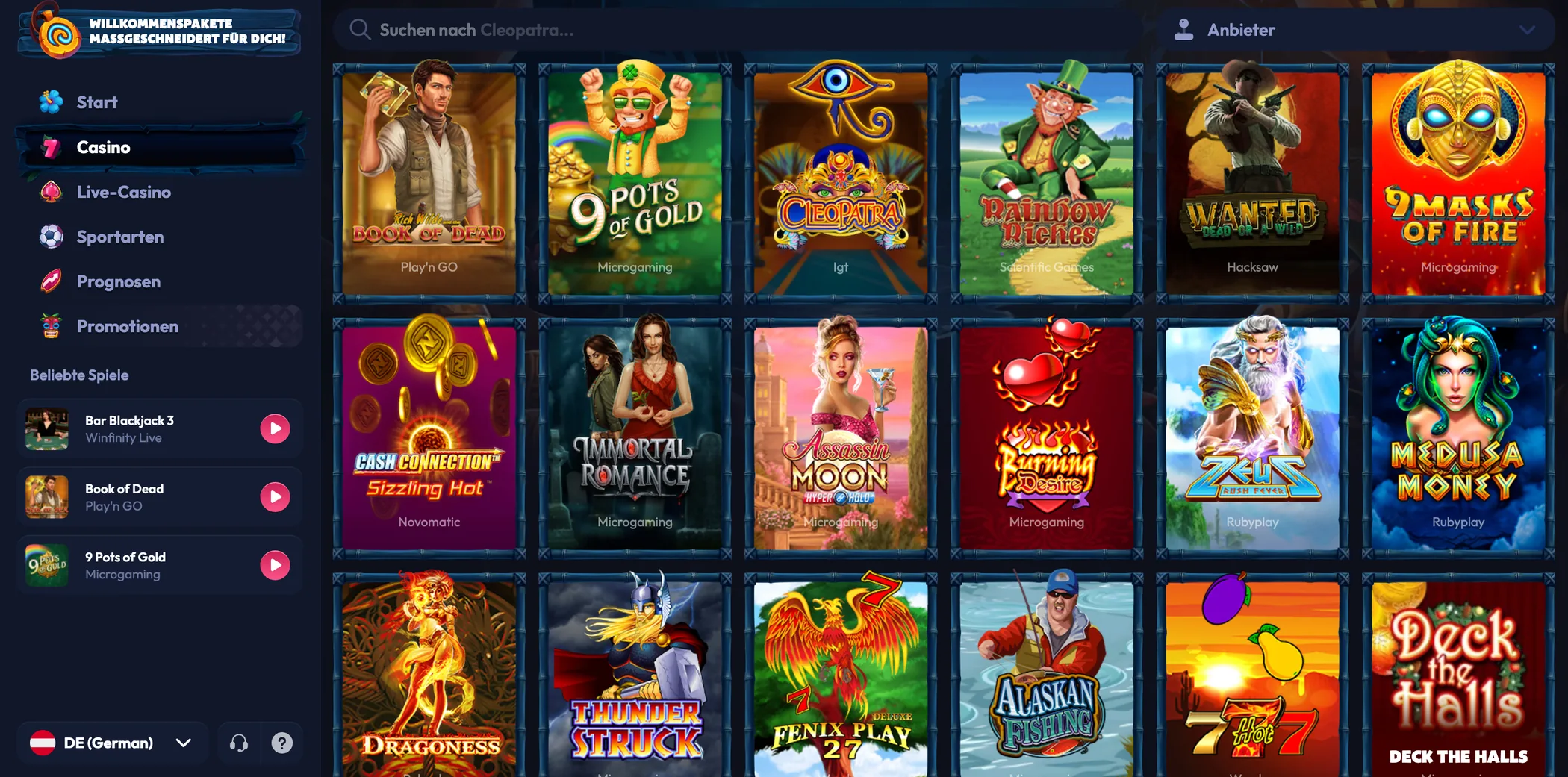 Spielekatalog von Seven Casino mit Book of Dead, Cleopatra und 9 Masks of Fire