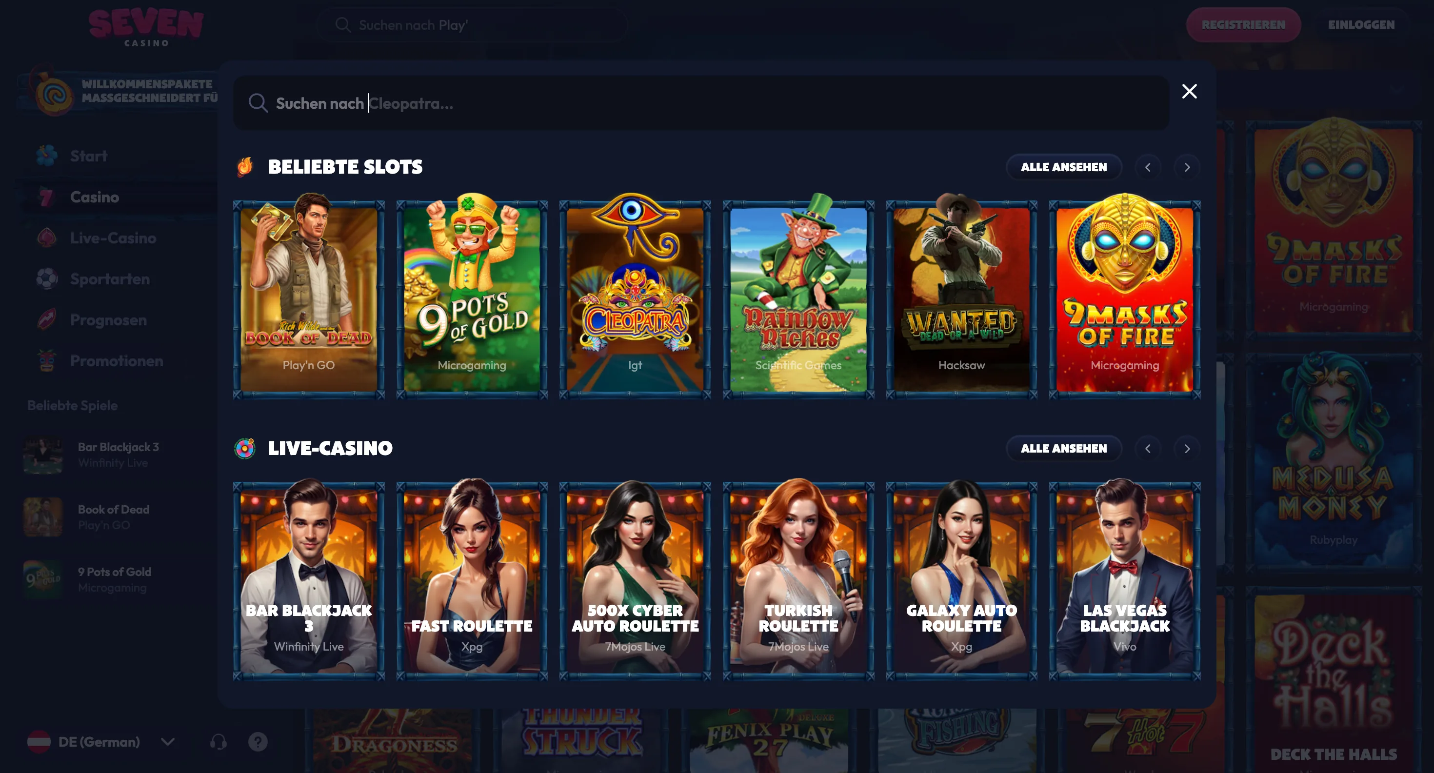 Suche im Spielekatalog von Seven Casino mit den Reihen Beliebte Slots und Live-Casino
