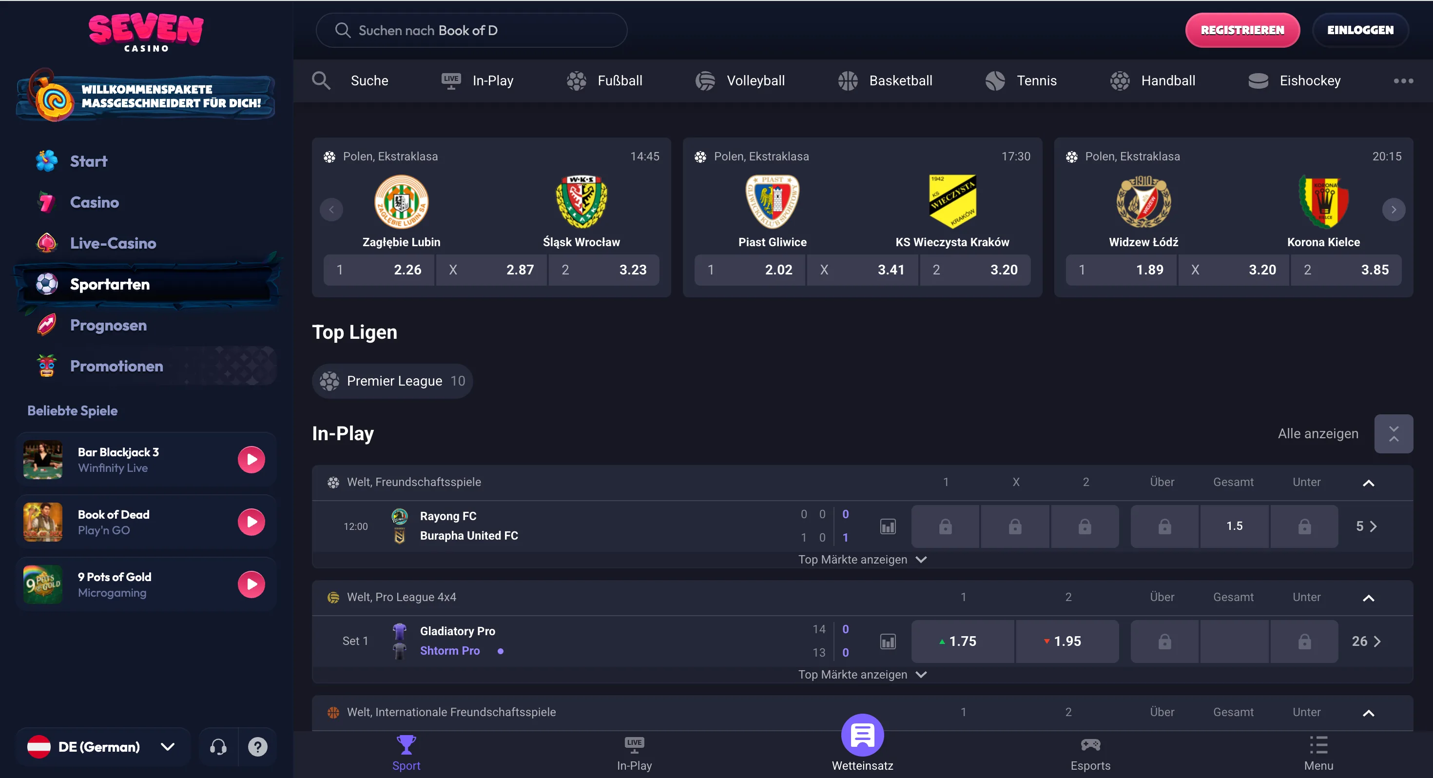 Sportbereich von Seven Casino mit In-Play-Spielen und Quoten