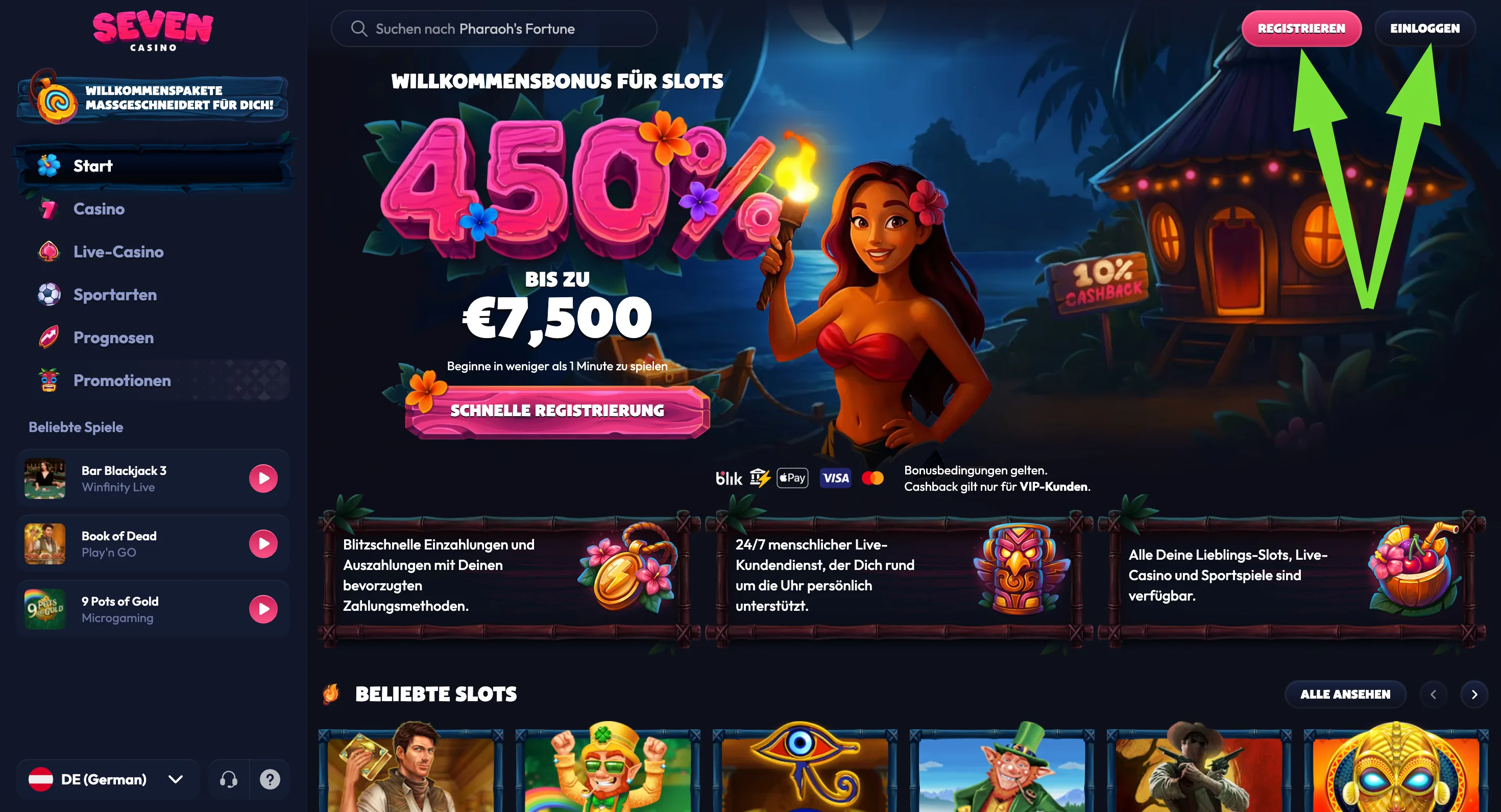 Startseite von Seven Casino mit den Schaltflächen Registrieren und Einloggen in der Kopfzeile