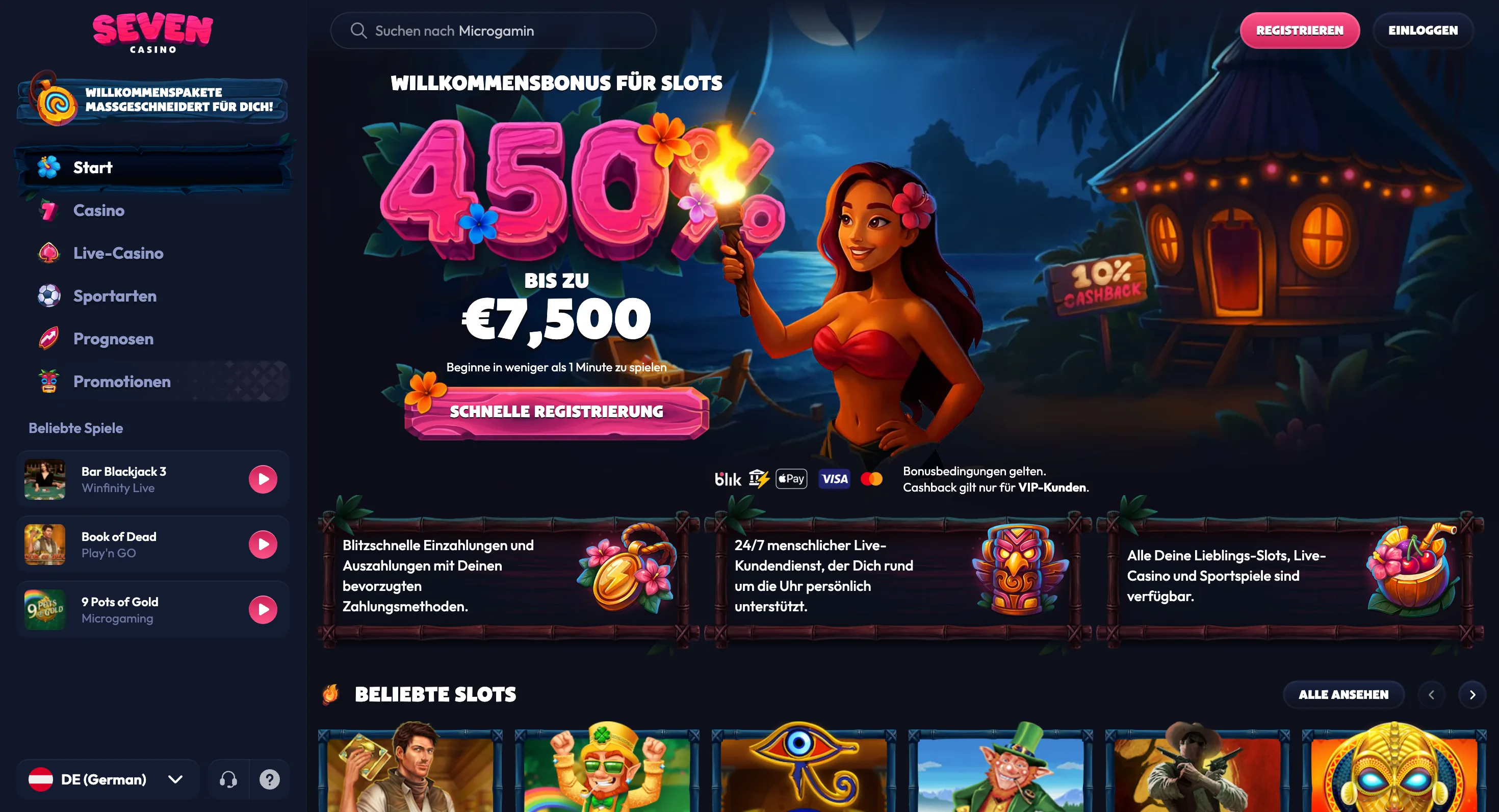 Startseite von Seven Casino mit dem Willkommensbonus 450 Prozent bis 7.500 Euro